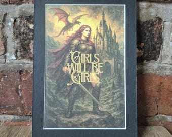Mittelalterlicher Kunstdruck - DIGITAL DOWNLOAD - Girls will be Girls Drachen Design, Bücherregal Dekor