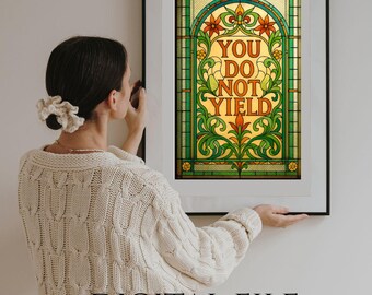 Stained Glass Window DIGITAL DOWNLOAD – You Do Not Yield design, Green bookshelf decor, ACOTAR book art