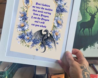 Dragon Quote Art Print | Fantasy Book Lover Wall Art | Romantasy Decor | Gothic Floral Dragon Print | Gift for Readers | A5 A4 A3