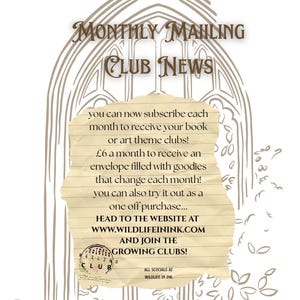 May include: An advertisement for a monthly mailing club. The image features text on a torn paper background, with the words "Monthly Mailing Club News" at the top. The text promotes book and art theme clubs.