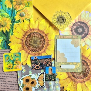 HAPPY MAIL envelope, Sunflower Art Print, Stickers, Scrapbook Journalling, Custom Note Pad, Letterbox Gift, Monthly Snail Mail Subscription