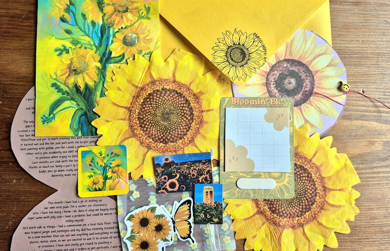 HAPPY MAIL envelope, Sunflower Art Print, Stickers, Scrapbook Journalling, Custom Note Pad, Letterbox Gift, Monthly Snail Mail Subscription