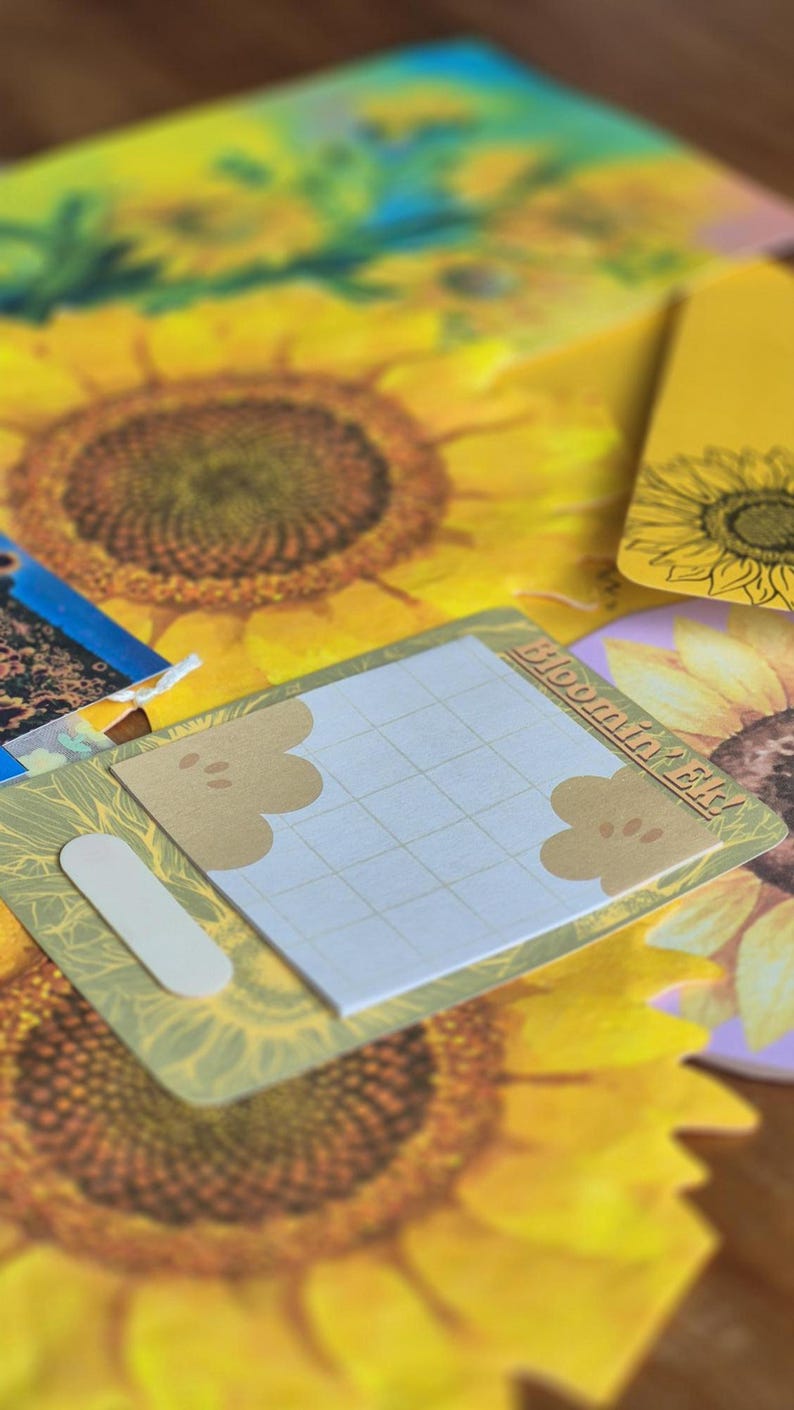 HAPPY MAIL envelope, Sunflower Art Print, Stickers, Scrapbook Journalling, Custom Note Pad, Letterbox Gift, Monthly Snail Mail Subscription