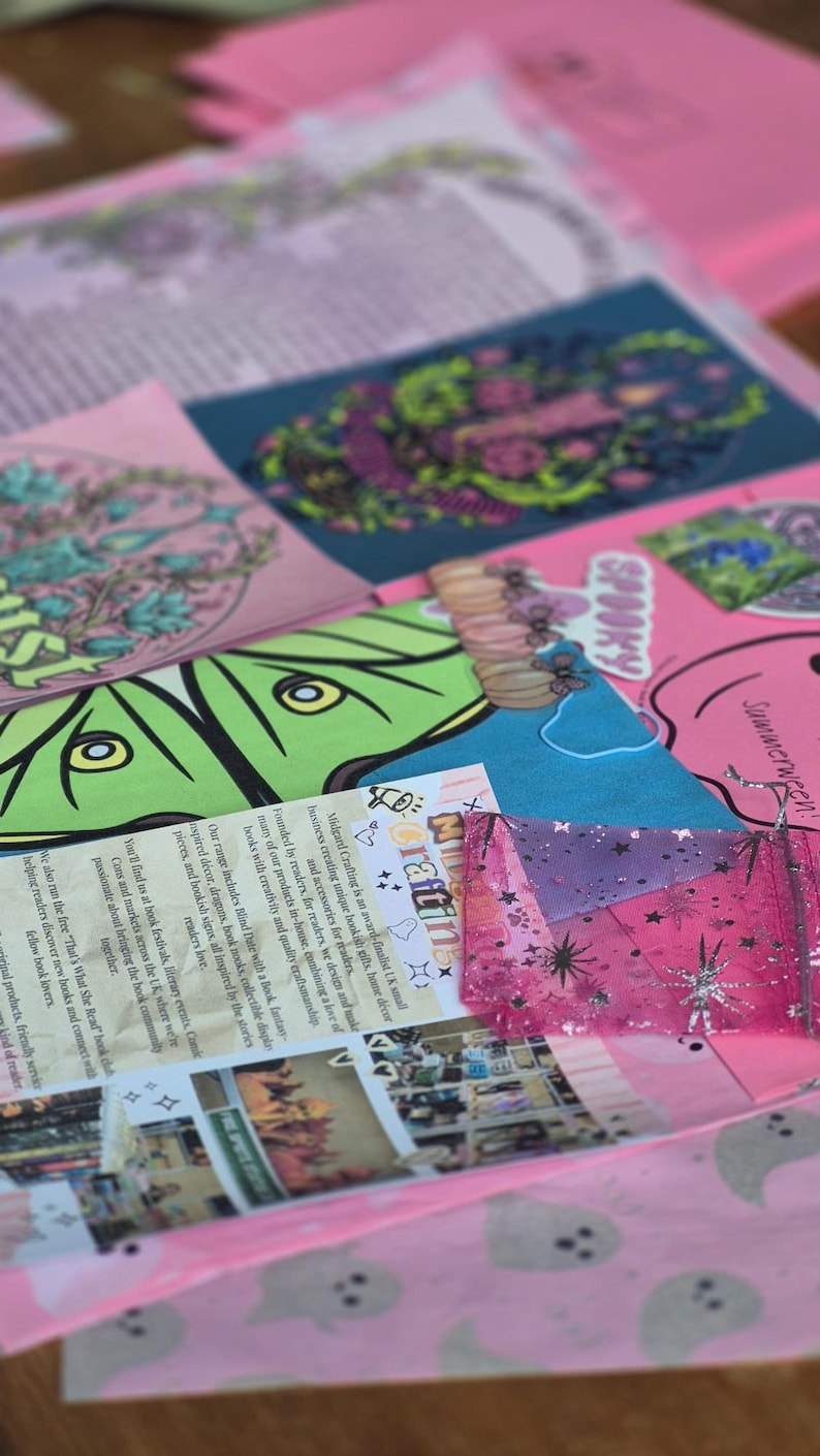SNAIL MAIL book envelope, Summerween Theme Art | Fantasy Book Gift | Bookish Happy Mail | Colourful Sticker set | enamel metal brooch pin