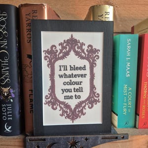 K&ouml;nnte beinhalten: Ein gerahmtes Kreuzstichbild mit dem Zitat "I'll bleed whatever colour you tell me to" in einem dekorativen Rahmen. Der Rahmen ist schwarz und der Text ist dunkelviolett. Die gerahmte Kunst wird auf einem Holzregal mit B&uuml;chern ausgestellt.