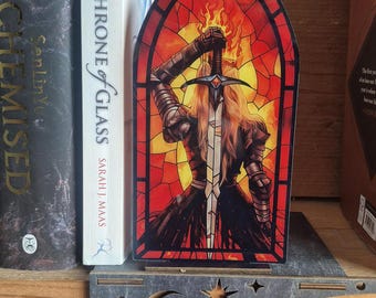 Fantasy Fire Sword Acrylic Plaque, Stained Glass Window Design, Warrior Book Nook Decor, Bookish Shelf Insert, Red Dragon Fantasy Art