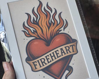 FIREHEART book theme Art, Throne of Glass Inspired Print, bookshelf decor, TATTOO Flash art
