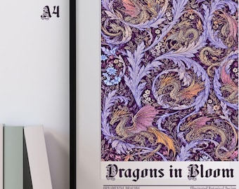 DRAGONS in BLOOM Art Print | William Morris Inspired Fantasy Wall Art | Botanical Dragon Poster | Gothic Cottagecore Decor | Book Lover Gift