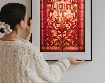 Stained Glass Window DIGITAL DOWNLOAD – Red Light It Up design, Blue bookshelf decor, Crescent City book art