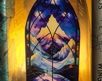 Décoration d'étagère VELARIS | Art du livre ACOTAR | acrylique, scène de montagne fantastique | Coin livre style vitrail