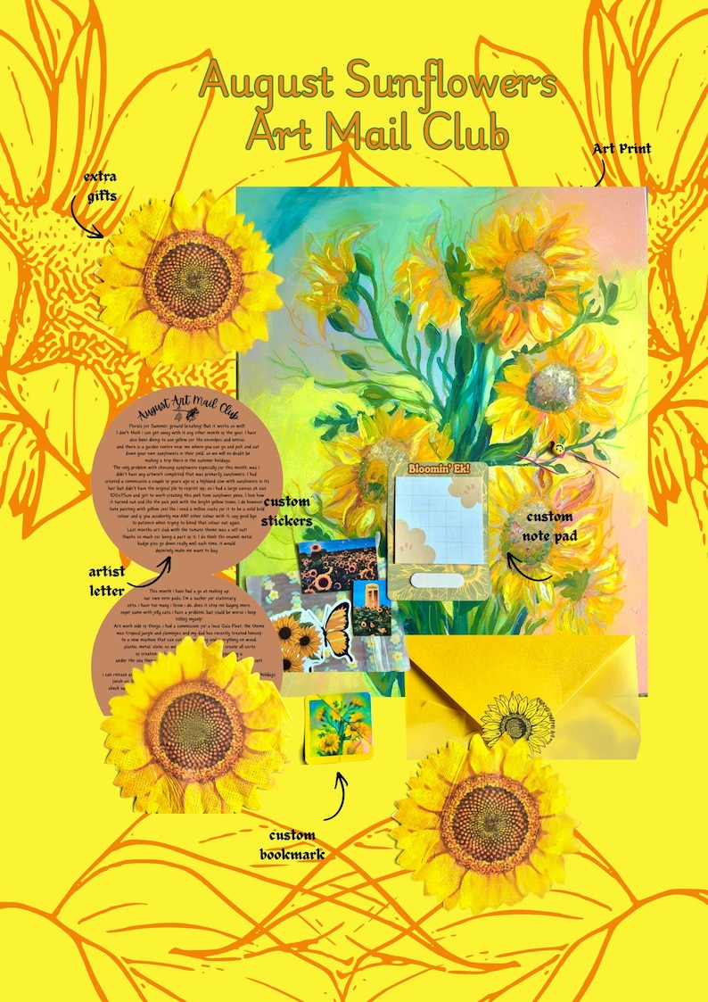 HAPPY MAIL envelope, Sunflower Art Print, Stickers, Scrapbook Journalling, Custom Note Pad, Letterbox Gift, Monthly Snail Mail Subscription