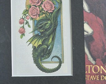 Fantasy Dragon Mounted Print with Roses | Dragon Wall Art for Book Lovers | Cute Gothic Fantasy Decor