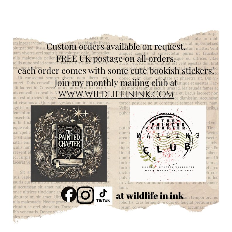 May include: A rectangular graphic on a beige newsprint background featuring two square logos. The left logo shows a book titled THE PAINTED CHAPTER surrounded by stars and foliage. The right logo displays THE PAINTED CHAPTER MAILING CLUB text.