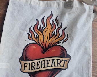 FIREHEART TOTE BOOK Bag – tattoo flash print | Printed Tote | Fantasy Romance Gift | Cotton library Cover | Eco Reusable Bag