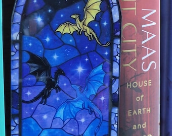 DRAGON Bookshelf Decor | Stained Glass Window Style Acrylic Plaque | Fourth Wing Book Art | Midnight Scene