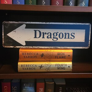 DRAGON Home LIBRARY Metal Wall Sign: Bookshelf Decor, Classical style for your home library accessories, Rustic Dragon Bookend, Book Plaque, black and white flat printed sign, road arrow sign