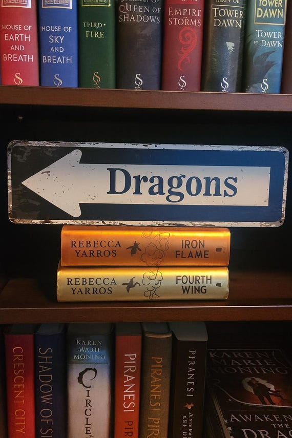 DRAGON LIBRARY Metal Wall Sign: Bookshelf Decor, Rustic Dragon Bookend, Book Plaque