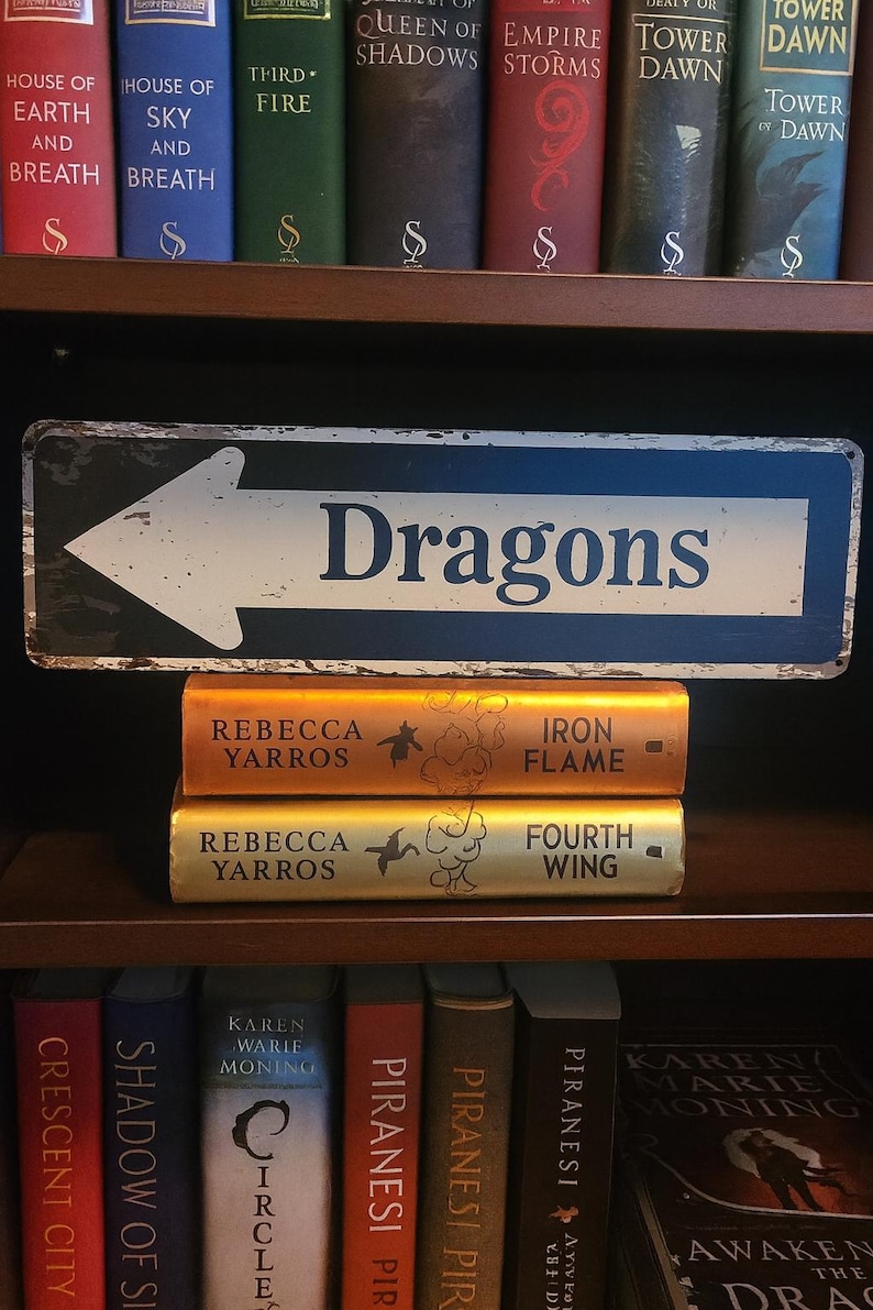 DRAGON Home LIBRARY Metal Wall Sign: Bookshelf Decor, Classical style for your home library accessories, Rustic Dragon Bookend, Book Plaque, black and white flat printed sign, road arrow sign