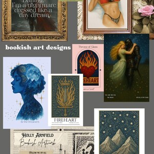 K&ouml;nnte beinhalten: Eine Sammlung von buchbezogenen Kunstdrucken mit verschiedenen Fantasy-Illustrationen, darunter eine lesende Person, ein Ritter mit einer Frau, ein flammendes Schwert, Berglandschaften sowie Textelemente wie Darling, Fireheart und Velaris.