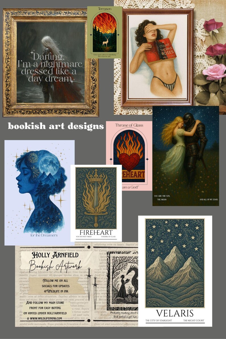 K&ouml;nnte beinhalten: Eine Sammlung von buchbezogenen Kunstdrucken mit verschiedenen Fantasy-Illustrationen, darunter eine lesende Person, ein Ritter mit einer Frau, ein flammendes Schwert, Berglandschaften sowie Textelemente wie Darling, Fireheart und Velaris.