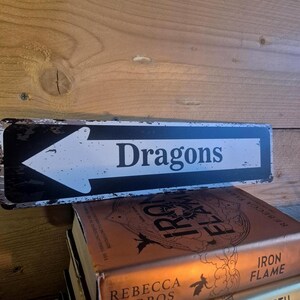 DRAGON Home LIBRARY Metal Wall Sign: Bookshelf Decor, Classical style for your home library accessories, Rustic Dragon Bookend, Book Plaque, black and white flat printed sign, road arrow sign