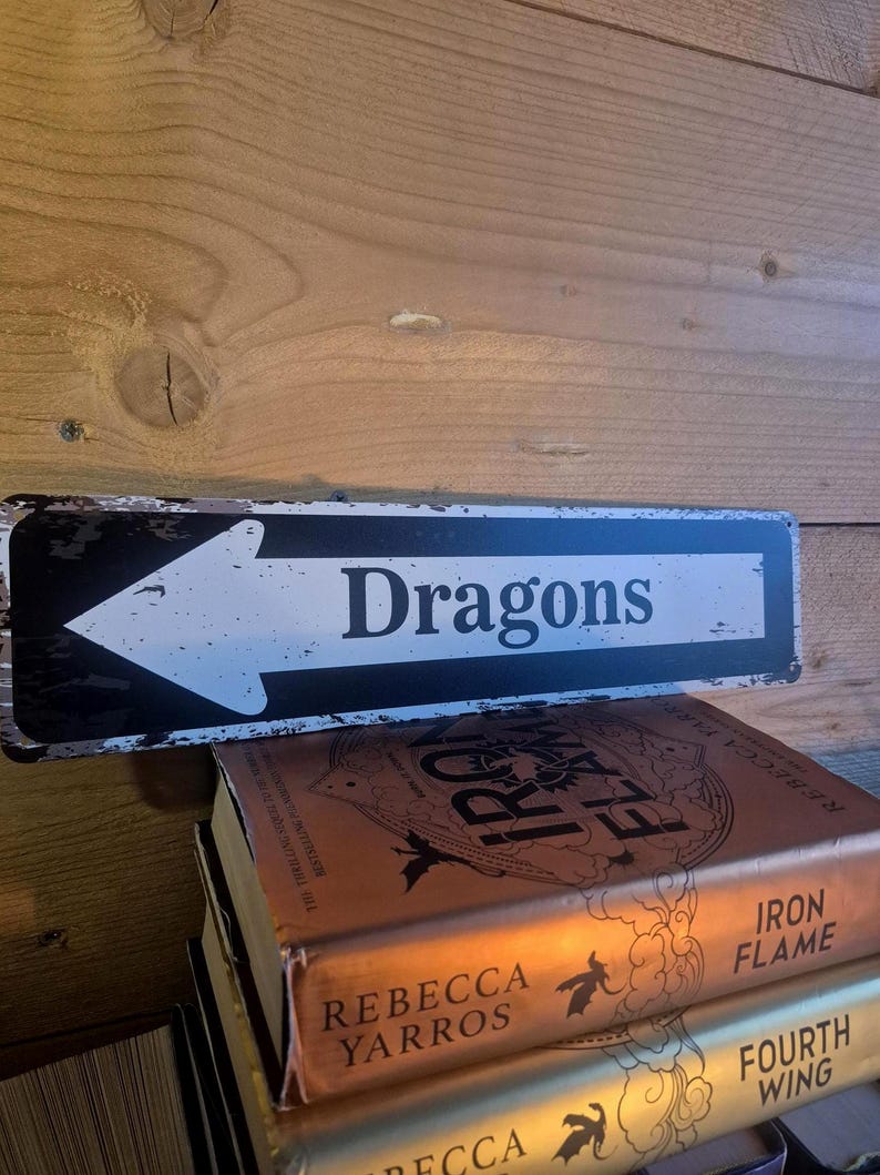 DRAGON Home LIBRARY Metal Wall Sign: Bookshelf Decor, Classical style for your home library accessories, Rustic Dragon Bookend, Book Plaque, black and white flat printed sign, road arrow sign