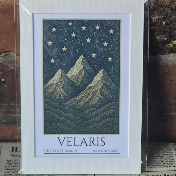 ACOTAR VELARIS mountain design, Fantasy romance classical art print, Gothic bookshelf decor, Moon and Stars William Morris style