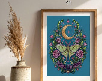 GOTHIC MOON Wall Art | Celestial Botanical Print |Follow the Moon Luna Moth Art Print | Witchy Home Decor | Book Lover Gift | Fantasy Decor