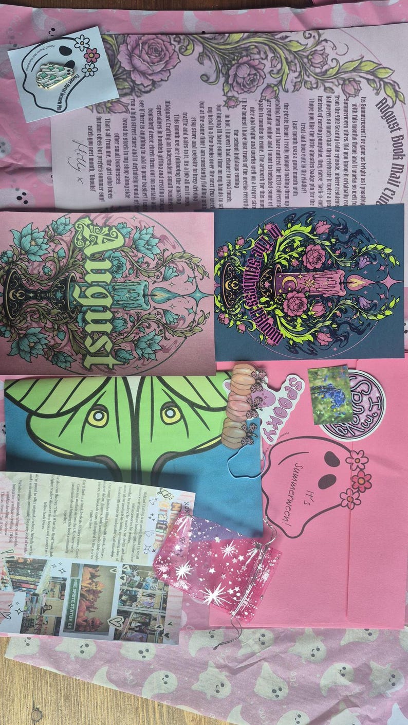 SNAIL MAIL book envelope, Summerween Theme Art | Fantasy Book Gift | Bookish Happy Mail | Colourful Sticker set | enamel metal brooch pin