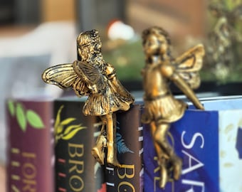 FAIRY BOOK ornaments, Set of 2 fantasy fae bookend accessory, hardback bookshelf decor, Acotar inspired book merch, plastic with rustic gold