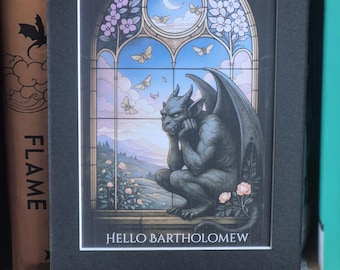 Bartholomew Gargoyle Art Print - DIGITAL DOWNLOAD – Floral stained glass window design, bookshelf decor