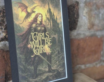 Conception médiévale femme CHEVALIER, impression d'art classique romantique FANTASY, impression d'affiche inspirée d'un livre, dragon et château, les filles seront des filles !