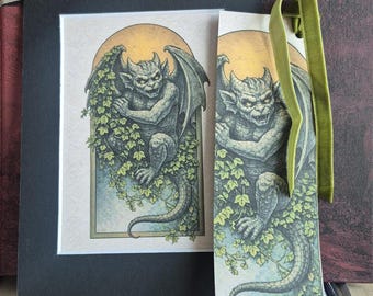 Conjunto de lámina y marcapáginas de gárgola fantástica, arte mural de Bartholomew, regalo gótico para amantes de los libros, ilustración de criatura mítica