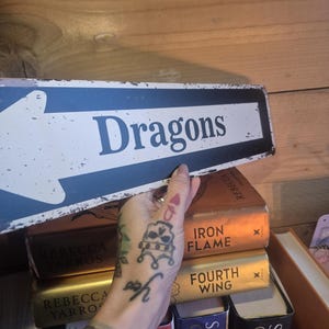 DRAGON LIBRARY Metal Wall Sign: Bookshelf Decor, Rustic Dragon Bookend, Book Plaque