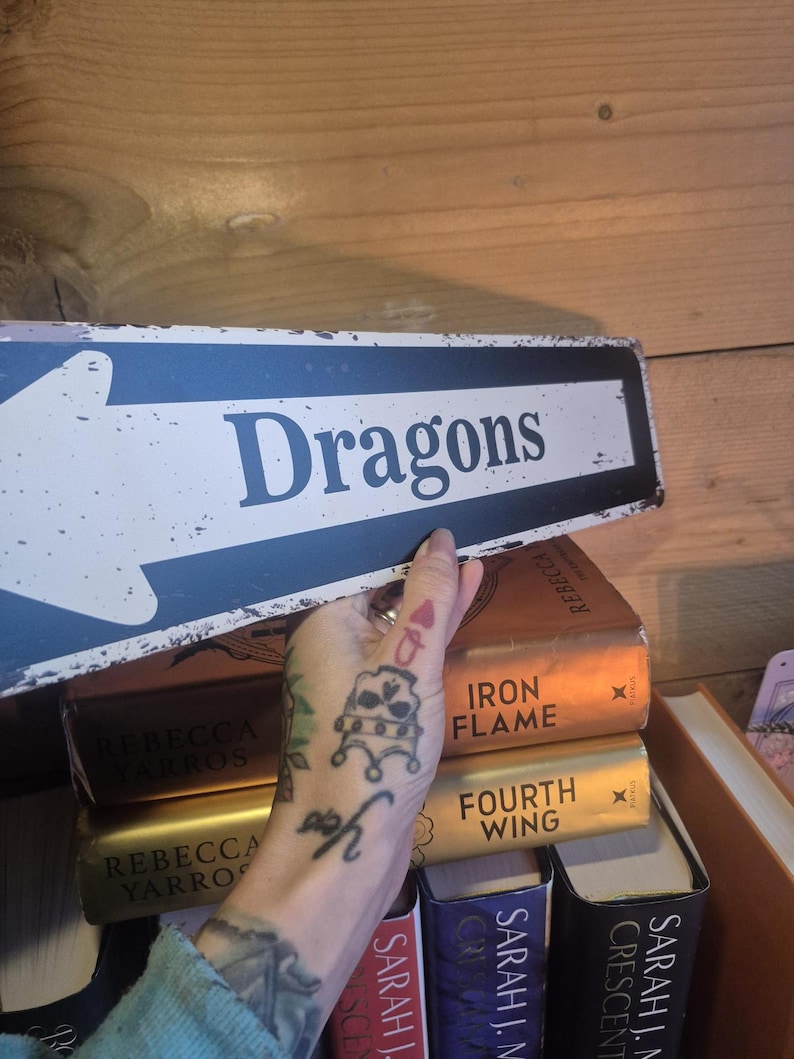 DRAGON LIBRARY Metal Wall Sign: Bookshelf Decor, Rustic Dragon Bookend, Book Plaque