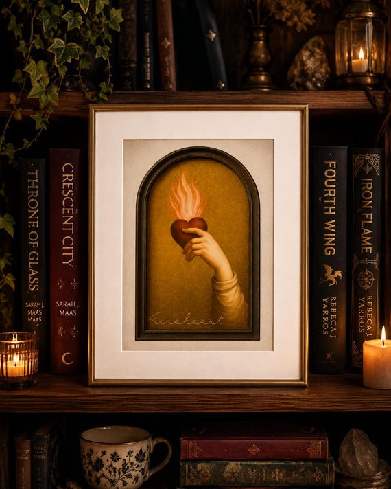Fantasy Bookish Wall Art | Fireheart Romantasy Print | Gothic Reader Gift | Medieval Fantasy Decor | Bookshelf Art