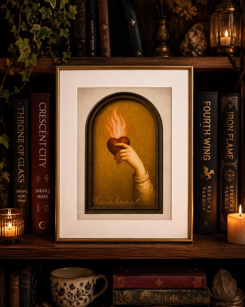 Fantasy Bookish Wall Art | Fireheart Romantasy Print | Gothic Reader Gift | Medieval Fantasy Decor | Bookshelf Art