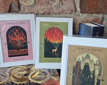 Impressions d'art inspirées du trône de verre, lot de 3, décoration de merchandising FANTASY SJM, accessoires d'étagères, art mural de bibliothèque de maison, rose et vert