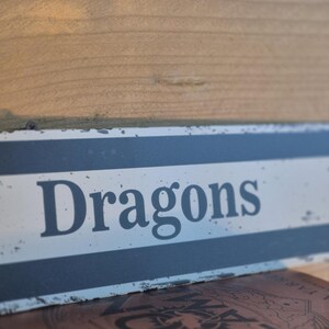 DRAGON Home LIBRARY Metal Wall Sign: Bookshelf Decor, Classical style for your home library accessories, Rustic Dragon Bookend, Book Plaque, black and white flat printed sign, road arrow sign