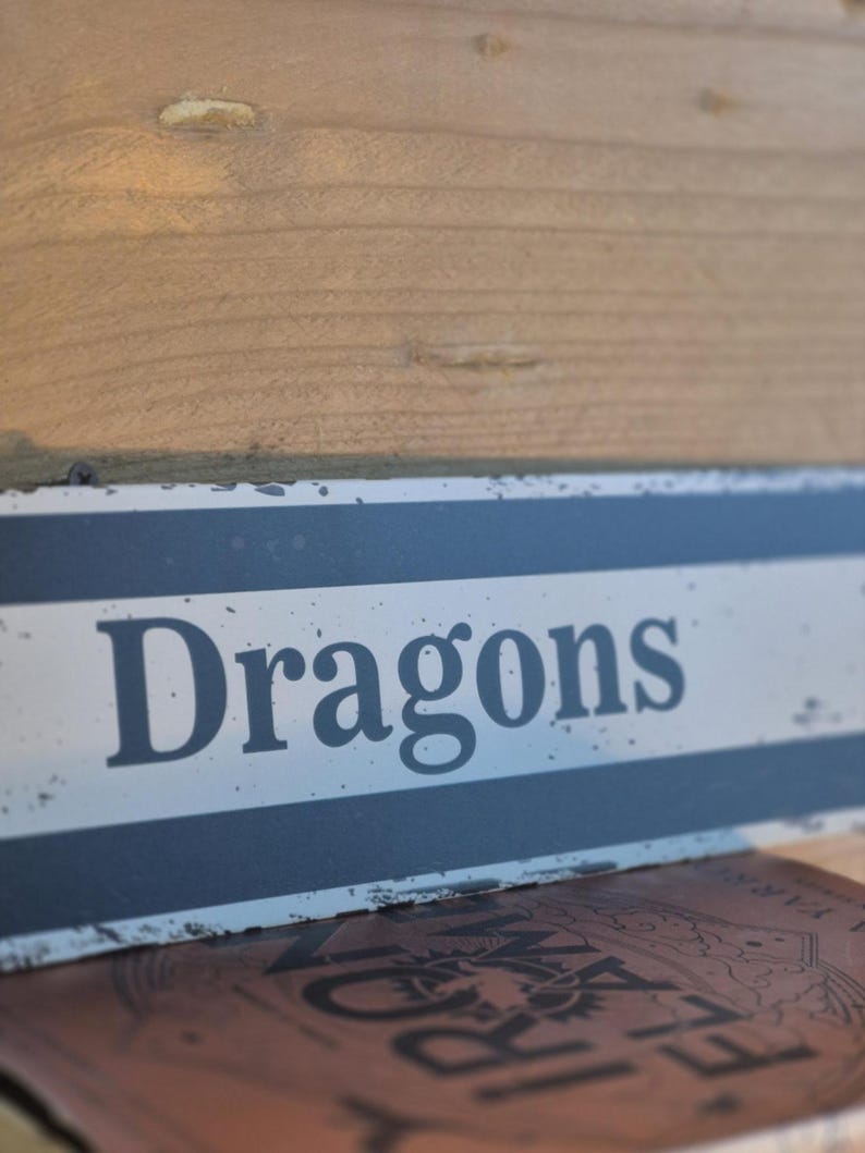 DRAGON Home LIBRARY Metal Wall Sign: Bookshelf Decor, Classical style for your home library accessories, Rustic Dragon Bookend, Book Plaque, black and white flat printed sign, road arrow sign
