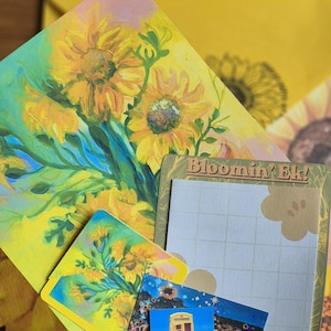 HAPPY MAIL envelope, Sunflower Art Print, Stickers, Scrapbook Journalling, Custom Note Pad, Letterbox Gift, Monthly Snail Mail Subscription