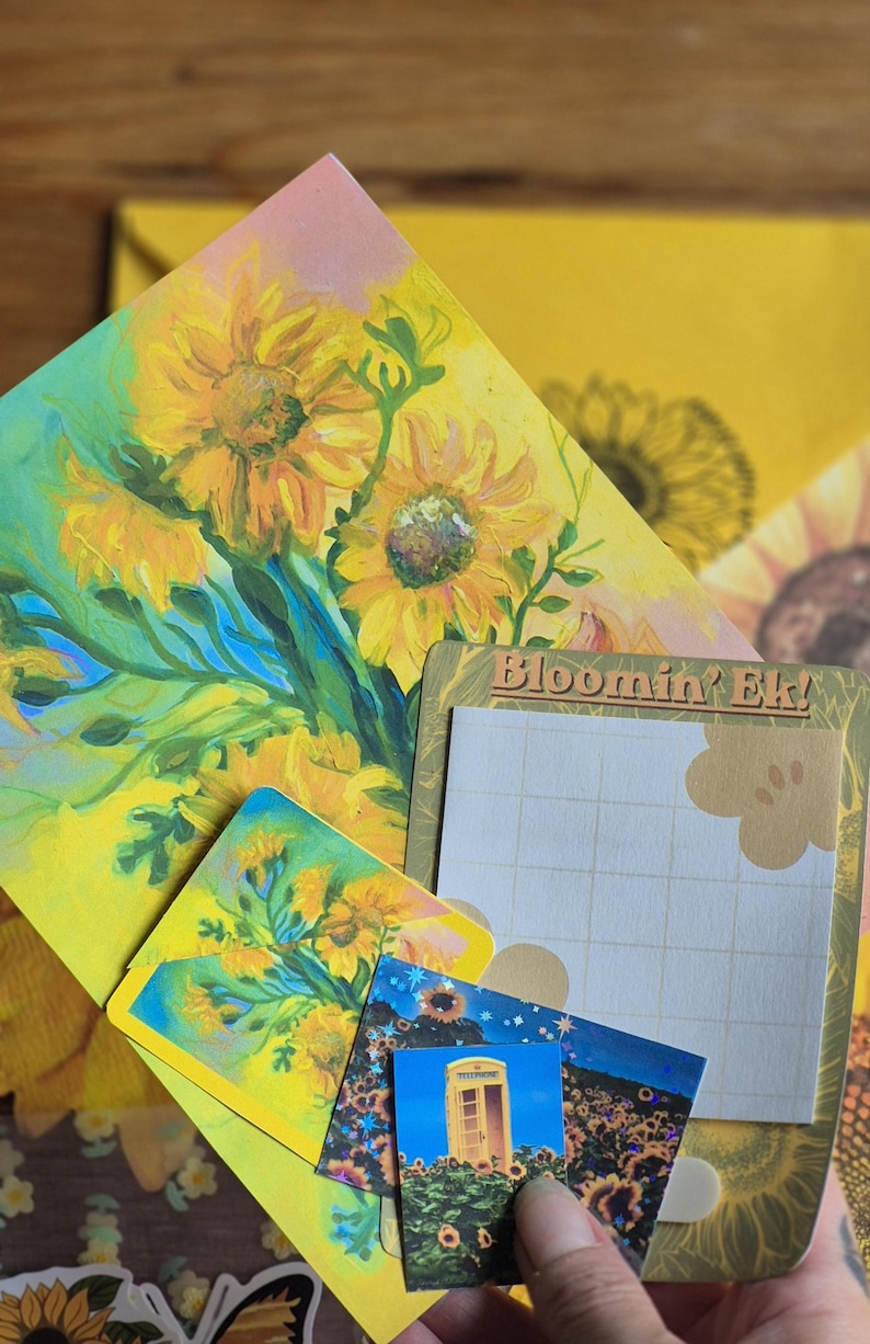 HAPPY MAIL envelope, Sunflower Art Print, Stickers, Scrapbook Journalling, Custom Note Pad, Letterbox Gift, Monthly Snail Mail Subscription