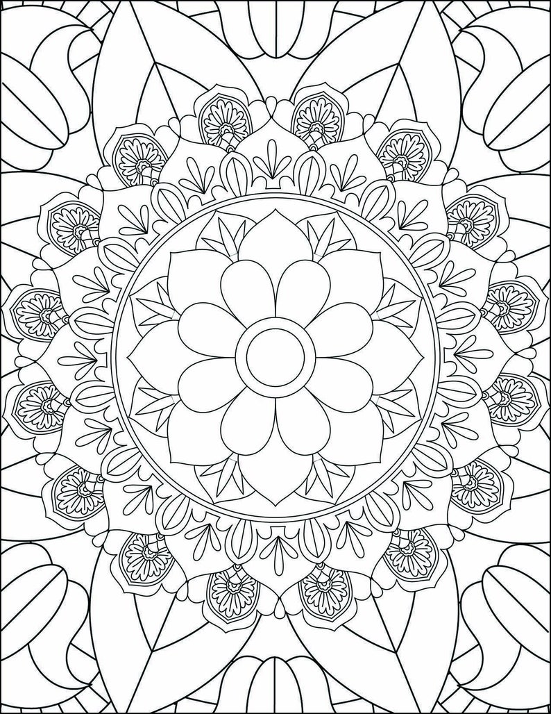 May include: A black and white mandala design with intricate details. The design features a central flower with multiple layers of petals and leaves.