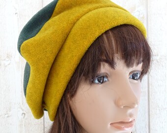 Polar beret green fir and mustard yellow Beret woman Winter beret Hat fleece woman Mother's Day gift