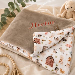 Peut inclure: Une couverture pour bébé taupe avec le nom "Hector" brodé en rouge. Le dessous présente un imprimé d'animaux de la ferme avec des granges, des moulins à vent et des animaux de la ferme. Un lapin en peluche est visible.