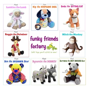Teddy Bear Sewing Paper Pattern Funky Friends Factory Keepsake Memory Bear, Dog, Cat, Lamb, Monkey, Donkey full size pattern & instructions