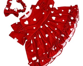 Kleid für Teddybären – Kleidung für Teddys und Stofftiere, 40 cm großes, rotes, gemustertes Partykleid mit Haarband