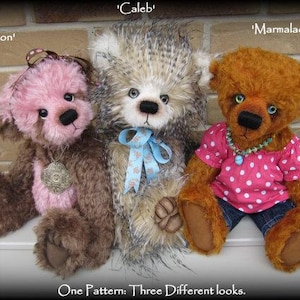 May include: Three teddy bears, each with a different fur colour and style, are sitting on a white surface. The bear on the left is pink with brown fur, the middle bear is brown and white with a fluffy texture, and the bear on the right is brown with a reddish tint. The bears are wearing different accessories, including a necklace, a ribbon, and a headband.