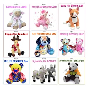 Può includere: Una griglia di nove peluche tra cui un agnello con un nastro rosa, un unicorno, un gatto arancione, una renna, un cane, due orsi a fantasia, un asino e un orso che indossa un gilet. Ogni quadrato presenta un testo che nomina il peluche.