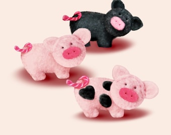 Easy Felt Sewing Kit to sew 3 piggy pig. All materials & full size pattern to hand sew 3 felt pig brooches, 1 Black, 1 Pink + 1 Spotty Pink
